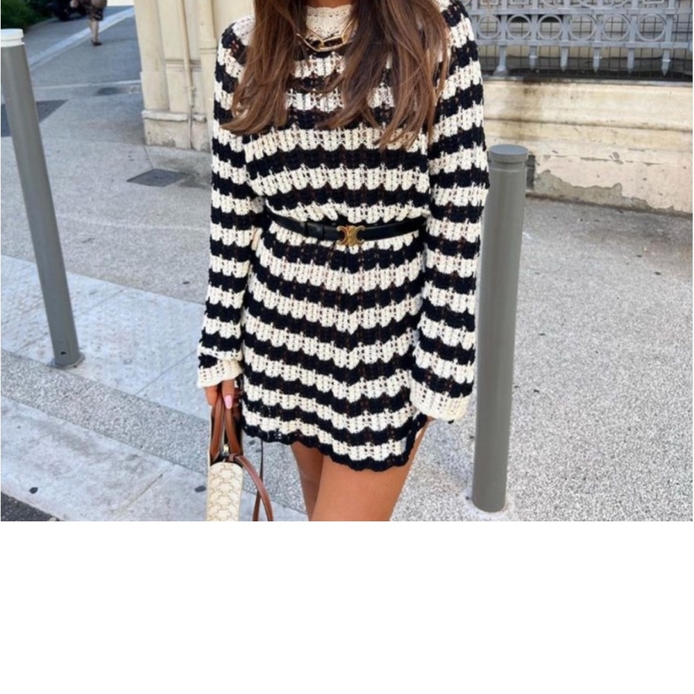 ZARA STRIPED POINTELLE KNIT SWEATER